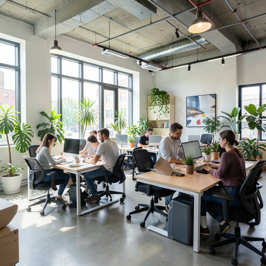 Espacio de coworking moderno con profesionales trabajando en equipo