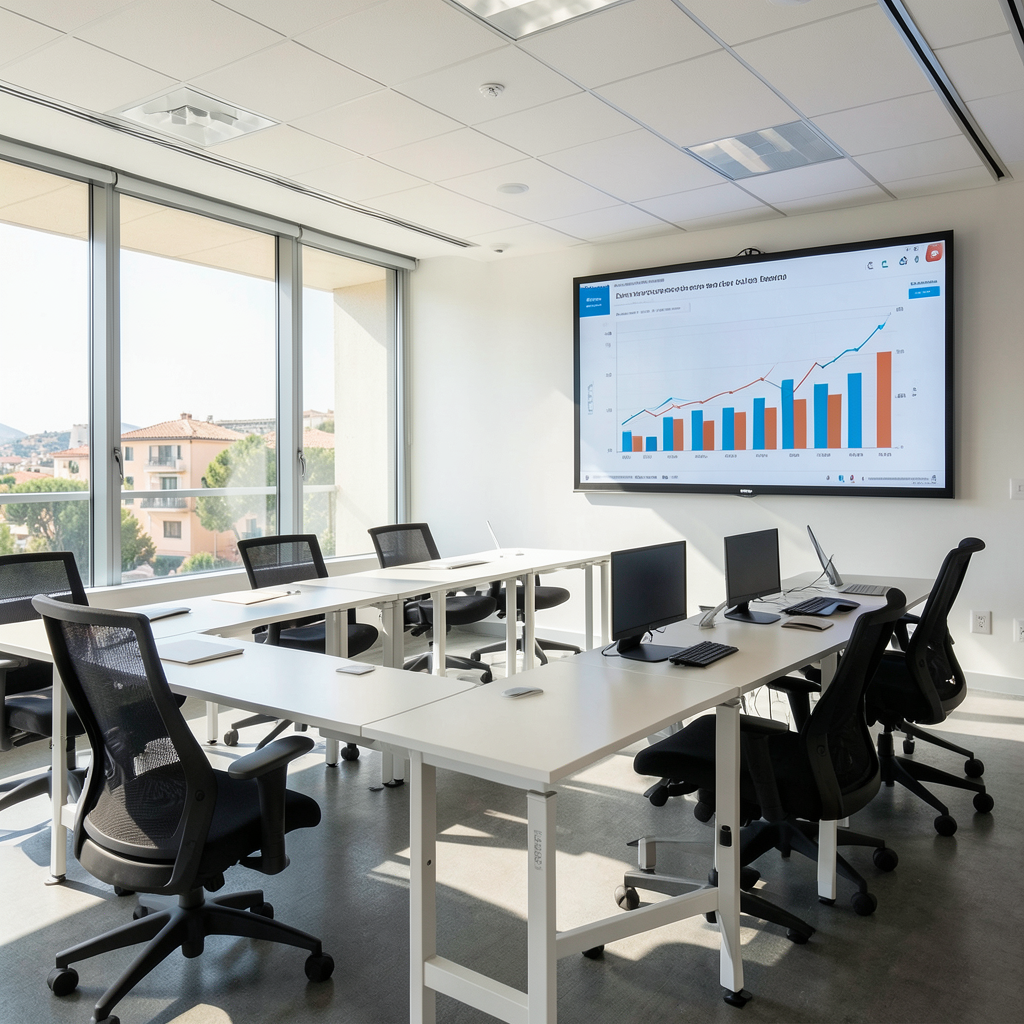 Modernas aulas de formación en Alicante con mobiliario ergonómico y tecnología interactiva.